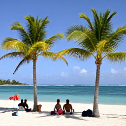 Caribbean Holidays, Guadeloupe February, Visitors relaxing beneath palm trees beside Grande-Anse beach in Guadeloupe on a sunny February day