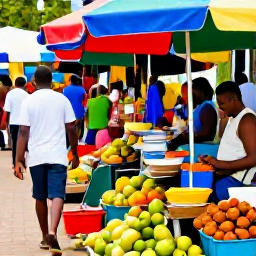 Caribbean Holidays, Guadeloupe February, Visitors walking through a colourful Guadeloupe market with tropical fruit, spices, local food and friendly stallholders