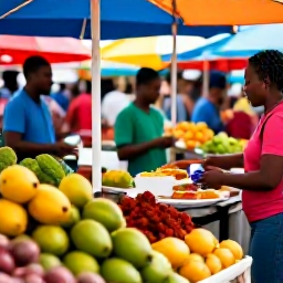 Caribbean Holidays, Guadeloupe Holidays, Colourful Guadeloupean market with tropical fruit, spices, Creole food stalls and friendly local shoppers