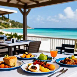 Caribbean Holidays, Guadeloupe Holidays, Friendly Guadeloupe all-inclusive resort restaurant serving colourful Creole and Caribbean dishes on an outdoor terrace