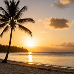 Caribbean Holidays, Guadeloupe Holidays, Golden sunset over a Guadeloupe beach with calm sea, palm silhouettes and a relaxed holiday atmosphere