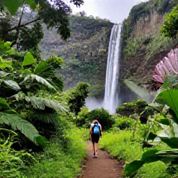 Caribbean Holidays, Guadeloupe Holidays, Lush Guadeloupe rainforest, waterfall and volcanic mountain scenery with a visitor walking on a nature trail
