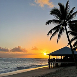 Caribbean Holidays, Guadeloupe Holidays, Relaxed sunset over a Guadeloupe beach with palm silhouettes, gentle waves and a small waterfront restaurant