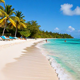 Caribbean Holidays, Guadeloupe Holidays, White sandy Guadeloupe beach with clear shallow water, sun loungers, lush tropical vegetation and visitors swimming
