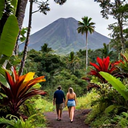 Caribbean Holidays, Guadeloupe Honeymoon, Couple exploring a lush rainforest trail near La Soufri&egrave;re volcano in Guadeloupe, tropical plants and dramatic mountain scenery