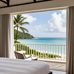 Caribbean Holidays, Guadeloupe Honeymoon, Elegant honeymoon hotel room with balcony overlooking a tropical Guadeloupe beach and calm Caribbean sea