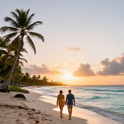 Caribbean Holidays, Guadeloupe Honeymoon July, Couple walking hand in hand along a quiet Guadeloupe beach at sunset, turquoise sea and palm trees