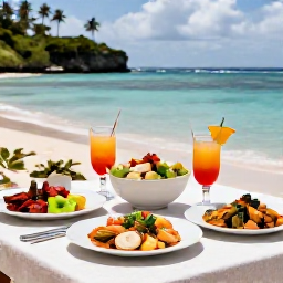 Caribbean Holidays, Guadeloupe Honeymoon July, Elegant outdoor table in Guadeloupe with Creole dishes, fresh seafood, tropical fruit and two glasses of rum punch