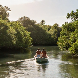 Caribbean Holidays, Guadeloupe Honeymoon July, Romantic couple in a small boat exploring the mangroves and calm lagoons of Guadeloupe, lush green scenery and warm sunlight