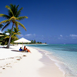 Caribbean Holidays, Guadeloupe Honeymoon July, White sandy beach in Sainte-Anne, Guadeloupe, with clear shallow water, palms and a couple relaxing under a parasol