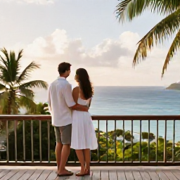 Caribbean Holidays, Guadeloupe Honeymoon, Newlywed couple on a private balcony overlooking the Caribbean Sea in Guadeloupe, soft morning light and tropical vegetation