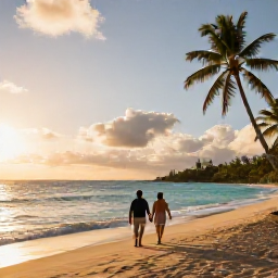 Caribbean Holidays, Guadeloupe Honeymoon, Newlywed couple walking hand in hand along a quiet Guadeloupe beach at sunset, turquoise sea and palm trees