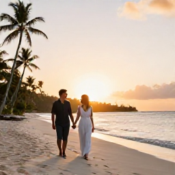 Caribbean Holidays, Guadeloupe Honeymoon, Newlywed couple walking hand in hand along a quiet tropical beach in Guadeloupe at sunset
