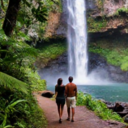 Caribbean Holidays, Guadeloupe Honeymoon, Romantic couple exploring a lush rainforest trail beside a waterfall in Basse-Terre, Guadeloupe