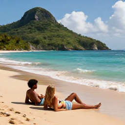 Caribbean Holidays, Guadeloupe Honeymoon, Romantic couple relaxing on Grande Anse beach in Guadeloupe, golden sand, calm turquoise water and lush green hills