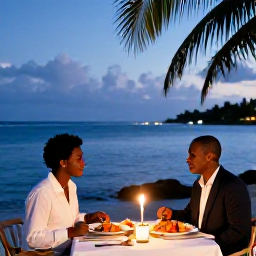 Caribbean Holidays, Guadeloupe Honeymoon, Romantic Creole dinner for two at a seaside restaurant in Guadeloupe, candlelight, fresh seafood and tropical evening atmosphere