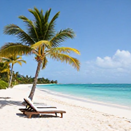 Caribbean Holidays, Guadeloupe Honeymoon, Romantic white sand beach with turquoise water, palm trees and two sun loungers on Grande-Terre, Guadeloupe