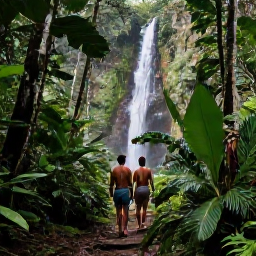 Caribbean Holidays, Guadeloupe Honeymoons, A couple exploring a lush rainforest trail near a waterfall in Basse-Terre, Guadeloupe, surrounded by tropical foliage
