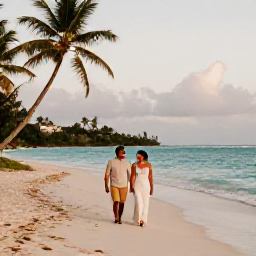 Caribbean Holidays, Guadeloupe Honeymoons, A newly married couple walking hand in hand along a quiet Guadeloupe beach in February, warm turquoise sea, soft golden light, palm trees