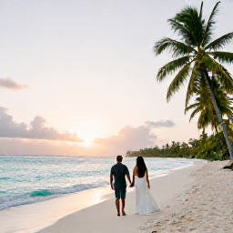 Caribbean Holidays, Guadeloupe Honeymoons, A newly married couple walking hand in hand along a quiet white-sand beach in Guadeloupe at sunset, turquoise sea and palm trees