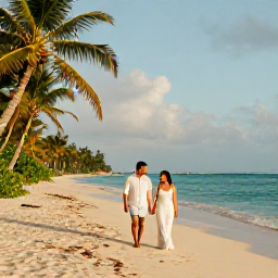 Caribbean Holidays, Guadeloupe Honeymoons, A newlywed couple walking hand in hand along a quiet Guadeloupe beach in November, warm Caribbean light, turquoise sea and palm trees