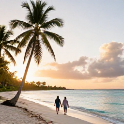 Caribbean Holidays, Guadeloupe Honeymoons, A relaxed couple walking hand in hand along a quiet tropical beach in Guadeloupe at sunrise, with palm trees and calm turquoise water