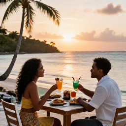 Caribbean Holidays, Guadeloupe Honeymoons, A romantic beachfront restaurant in Guadeloupe at sunset, with a couple enjoying Creole food and drinks beside the sea