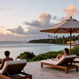 Caribbean Holidays, Guadeloupe Honeymoons, A stylish honeymoon hotel terrace in Guadeloupe overlooking a tropical bay, with comfortable loungers and a couple enjoying a quiet evening