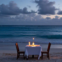 Caribbean Holidays, Guadeloupe Honeymoons, Candlelit dinner for two on a Guadeloupe beach, gentle waves, tropical evening sky and simple elegant table setting