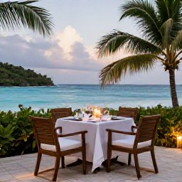 Caribbean Holidays, Guadeloupe Honeymoons, Candlelit table for two on a tropical terrace overlooking the Caribbean Sea in Guadeloupe