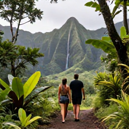 Caribbean Holidays, Guadeloupe Honeymoons, Couple exploring a lush Guadeloupe rainforest path near a waterfall, tropical plants and dramatic green mountains