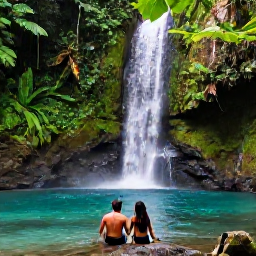 Caribbean Holidays, Guadeloupe Honeymoons, Couple exploring lush Guadeloupe rainforest near a waterfall in Basse-Terre, tropical plants and clear pool