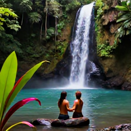 Caribbean Holidays, Guadeloupe Honeymoons, Couple exploring lush Guadeloupe rainforest near a waterfall, tropical plants, volcanic mountains and a clear pool