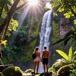 Caribbean Holidays, Guadeloupe Honeymoons, Couple hiking through lush Guadeloupe rainforest beside a waterfall, with tropical foliage and sunbeams through the trees