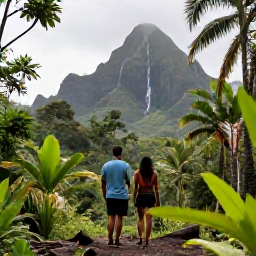 Caribbean Holidays, Guadeloupe Honeymoons, Couple hiking through lush Guadeloupe rainforest near a waterfall, volcanic mountains and tropical vegetation