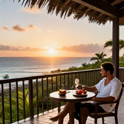 Caribbean Holidays, Guadeloupe Honeymoons, Couple relaxing on a private balcony overlooking a Guadeloupe beach at sunset, champagne and tropical garden