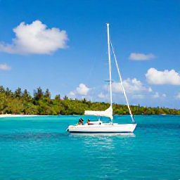 Caribbean Holidays, Guadeloupe Honeymoons, Couple sailing on a small boat beside a tropical Guadeloupe island, clear blue water and green coastline