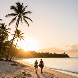 Caribbean Holidays, Guadeloupe Honeymoons, Couple walking hand in hand along a quiet palm-fringed beach in Guadeloupe at sunrise
