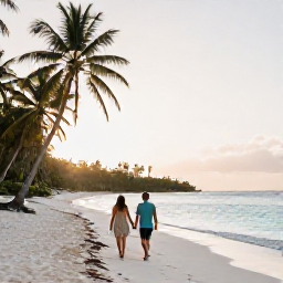 Caribbean Holidays, Guadeloupe Honeymoons, Couple walking hand in hand along a quiet white-sand beach in Guadeloupe at sunrise, palm trees and turquoise sea