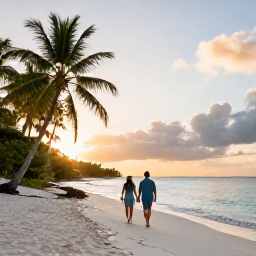 Caribbean Holidays, Guadeloupe Honeymoons, Couple walking hand in hand along a quiet white-sand beach in Guadeloupe at sunset, tropical palms and calm turquoise sea
