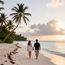Caribbean Holidays, Guadeloupe Honeymoons, Couple walking hand in hand along a quiet white-sand beach in Guadeloupe at sunset, tropical sea and palm trees