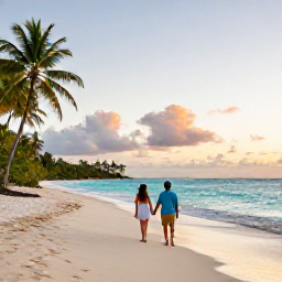 Caribbean Holidays, Guadeloupe Honeymoons, Couple walking hand in hand along a quiet white-sand beach in Guadeloupe at sunset, turquoise sea and palm trees