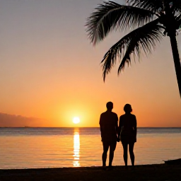 Caribbean Holidays, Guadeloupe Honeymoons, Couple watching a colourful Guadeloupe sunset beside calm Caribbean water, palm silhouettes and warm evening light