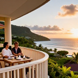 Caribbean Holidays, Guadeloupe Honeymoons, Elegant honeymoon hotel overlooking the Guadeloupe coast at sunset, balcony, tropical gardens and a couple enjoying the view