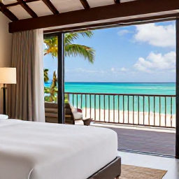 Caribbean Holidays, Guadeloupe Honeymoons, Elegant honeymoon suite with balcony overlooking a tropical Guadeloupe beach and turquoise Caribbean sea