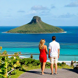 Caribbean Holidays, Guadeloupe Honeymoons, Happy honeymoon couple on a Guadeloupe coastal viewpoint overlooking bright blue Caribbean water and green islands
