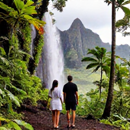 Caribbean Holidays, Guadeloupe Honeymoons, Honeymoon couple exploring a lush Guadeloupe rainforest trail beside a waterfall, tropical vegetation and volcanic mountains