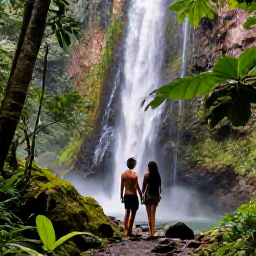 Caribbean Holidays, Guadeloupe Honeymoons, Honeymoon couple hiking through lush tropical rainforest towards a waterfall in Guadeloupe