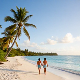 Caribbean Holidays, Guadeloupe Honeymoons May, Couple walking hand in hand along a quiet white-sand beach in Guadeloupe at sunrise, palm trees and calm turquoise sea