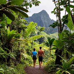 Caribbean Holidays, Guadeloupe Honeymoons May, Honeymoon couple exploring a lush Guadeloupe rainforest trail beside a waterfall, tropical foliage and volcanic mountains
